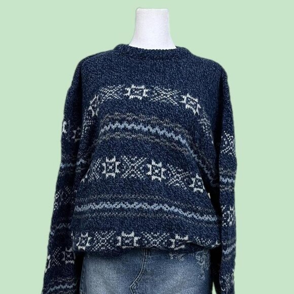 navy and white striped vintage 90s fire isle wool blend knit sweater - Picture 1 of 8